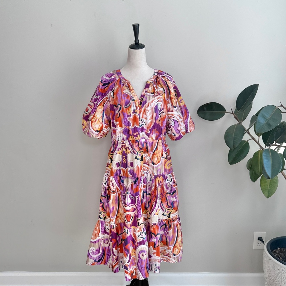 Chicos Puff Sleeve Tiered Paisley Cotton Midi Dress 12 - Picture 7 of 12